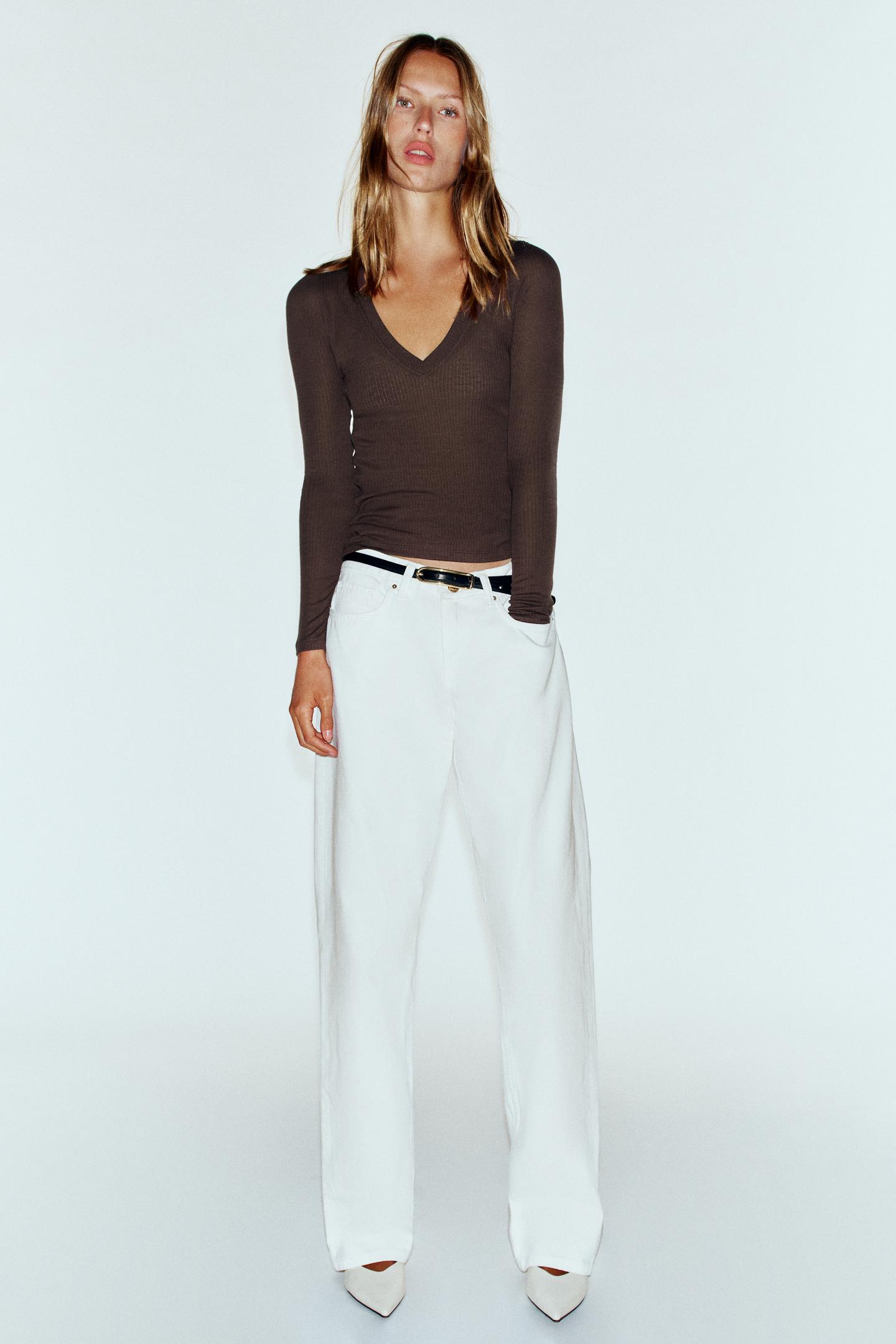 Женская футболка Zara Ribbed V-NECK, цвет: Коричневый — фото 1