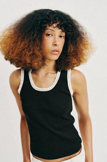 TOP WITH LACE DETAIL - Black / White by Zara