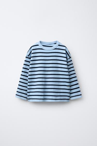 STRIPED T-SHIRT WITH EMBROIDERED SLOGAN - Blue / Indigo by Zara