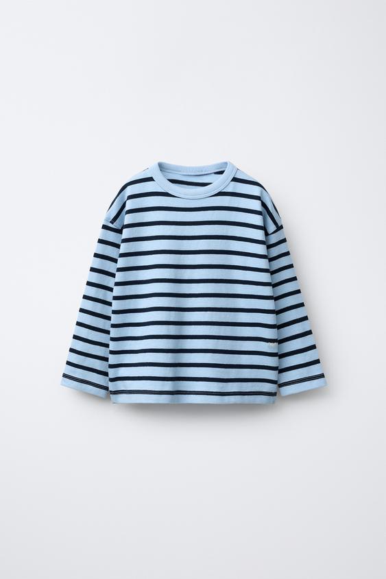STRIPED T-SHIRT WITH EMBROIDERED SLOGAN - Blue / Indigo by Zara - Image 0