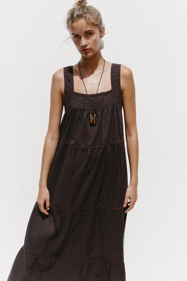 EMBROIDERED DRESS WITH LACE TRIM - Brown by Zara - Image 1