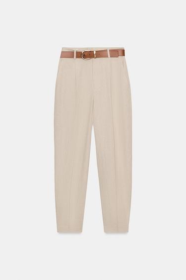 PANTALÓN CON LIÑO PINZAS CINTO - Beixe claro de Zara - Imaxe 0