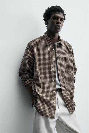 RELAXED FIT CHECK SHIRT - Beige by Zara - Image 6