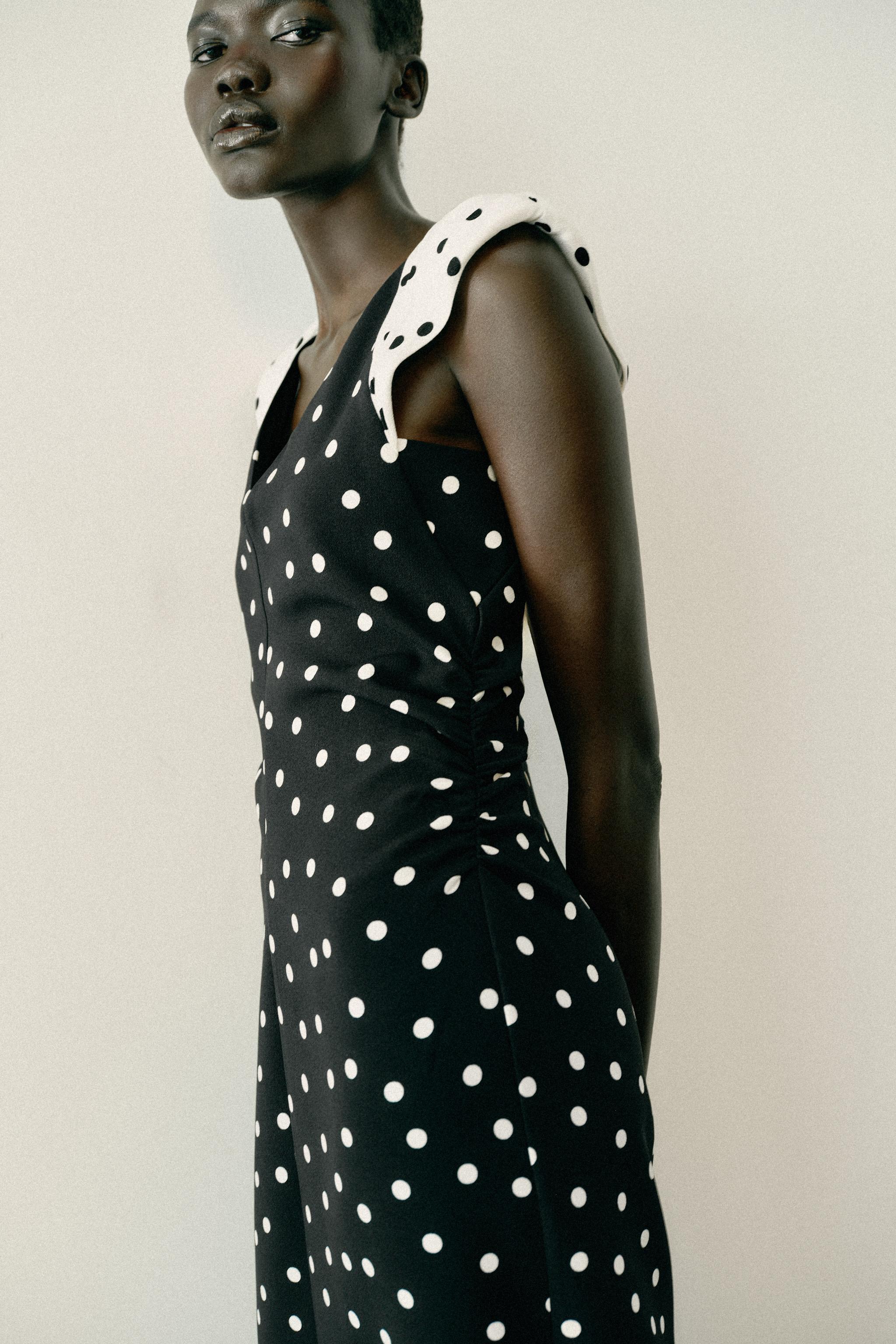 POLKA DOT MIDI DRESS WITH SHOULDER PADS