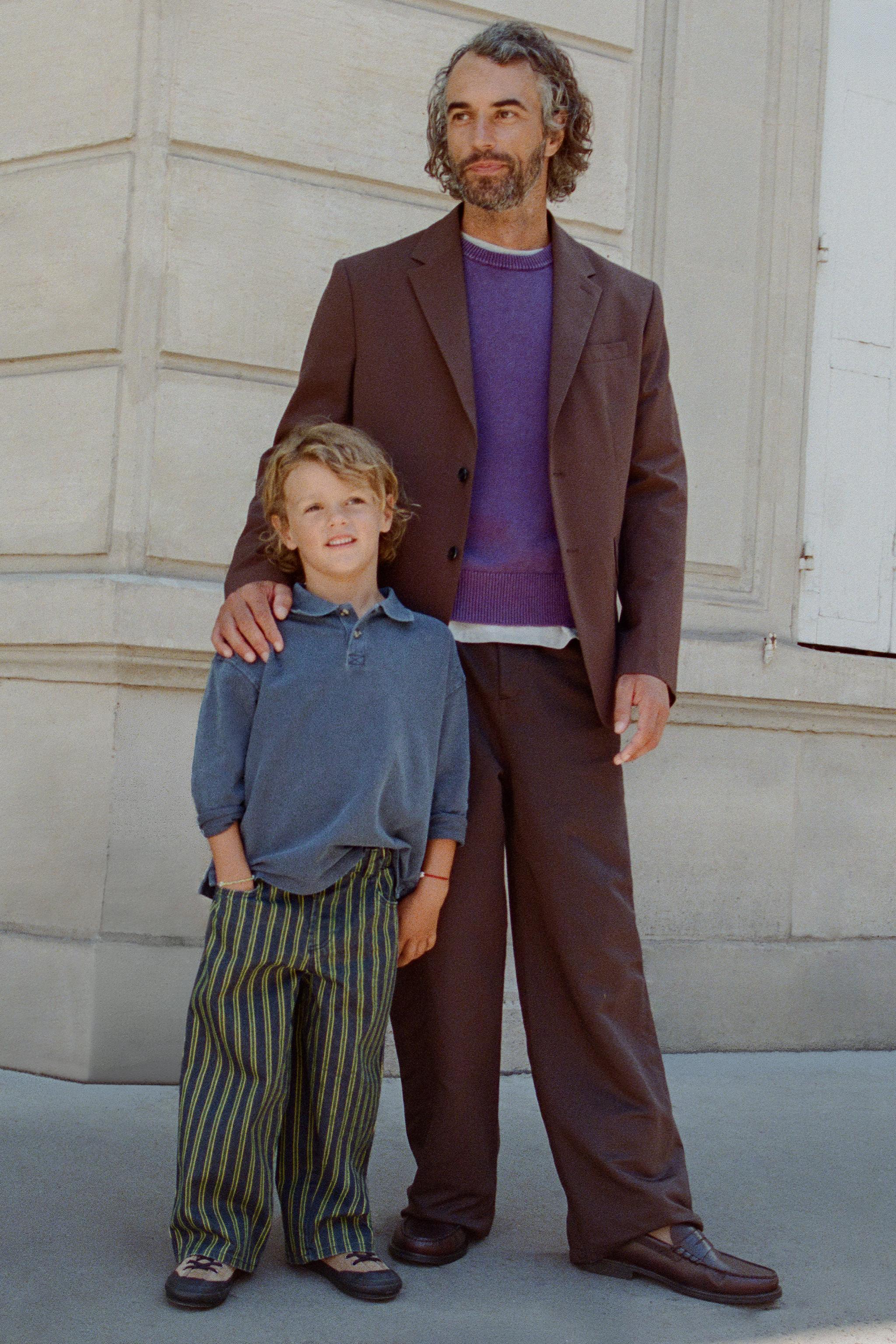 STRIPED TWILL BAGGY PANTS — Blue