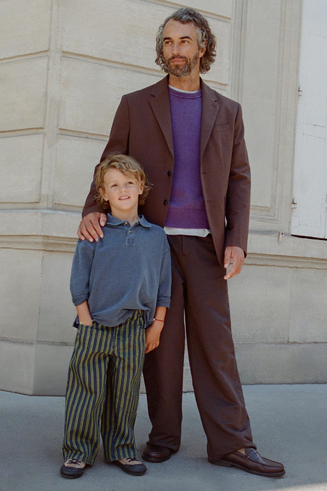 STRIPED TWILL BAGGY PANTS — Blue