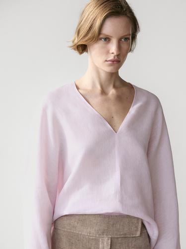 Blusa cuello pico 100% lino - Rosa de Zara