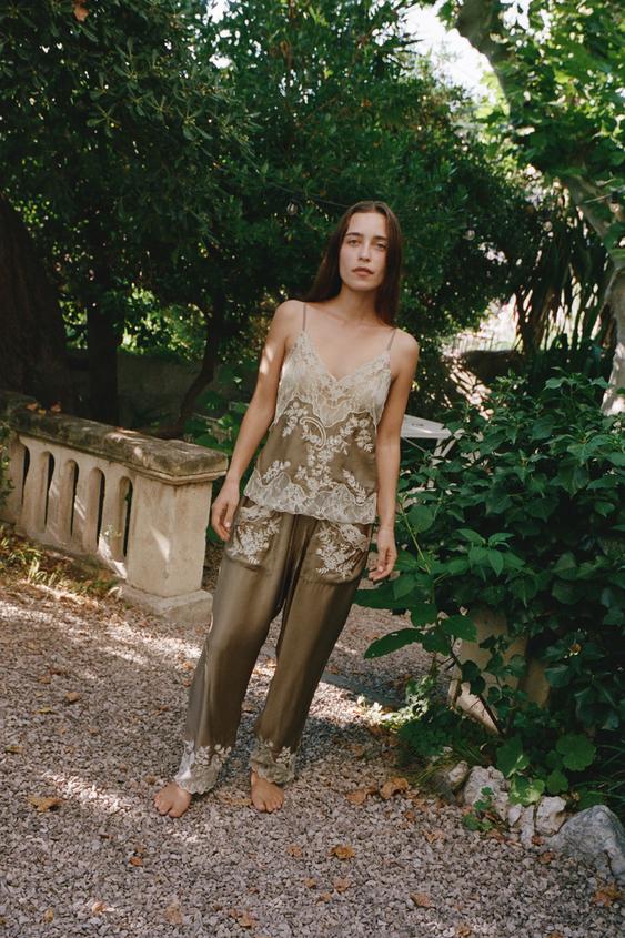 LACE EMBROIDERED LINGERIE TROUSERS - Greenish by Zara - Image 0