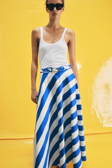 JUPE MI-LONGUE RAYURES CEINTURE - Bleu / Blanc de Zara - Image 2