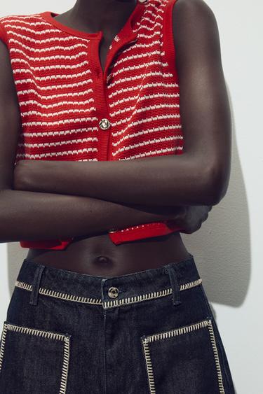 TOP GILET JACQUARD BOUTONS - Blanc / Rouge de Zara - Image 5