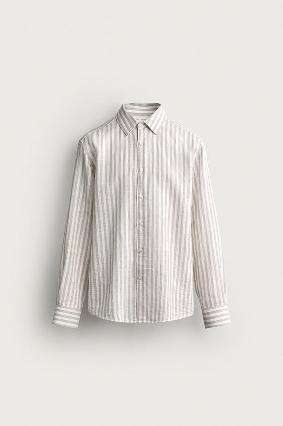 STRIPED LINEN AND COTTON SLIM FIT SHIRT - Beige by Zara - Image 0