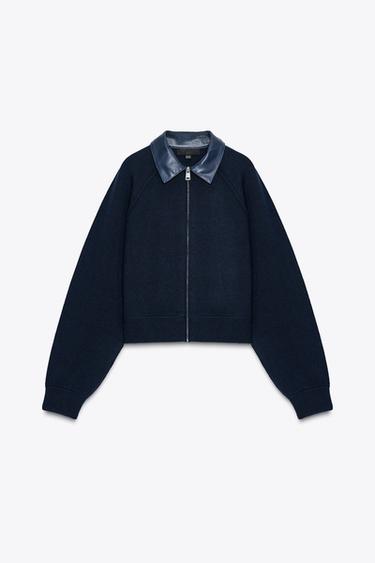Zara FAUX LEATHER COLLAR BOMBER JACKET - navy - Image 0