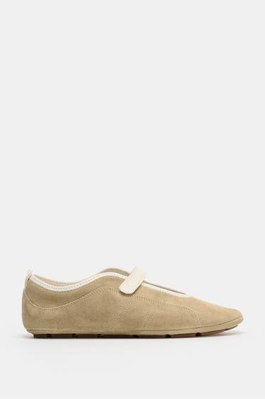 LEATHER BALLERINAS WITH STRAP - Sand Brown by Zara