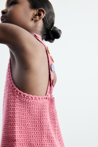 Zara FLOWER CROCHET KNIT OVERALL SHORTS - Pink