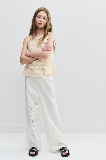 Zara EMBROIDERED FLORAL STRAIGHT-LEG PANTS - White
