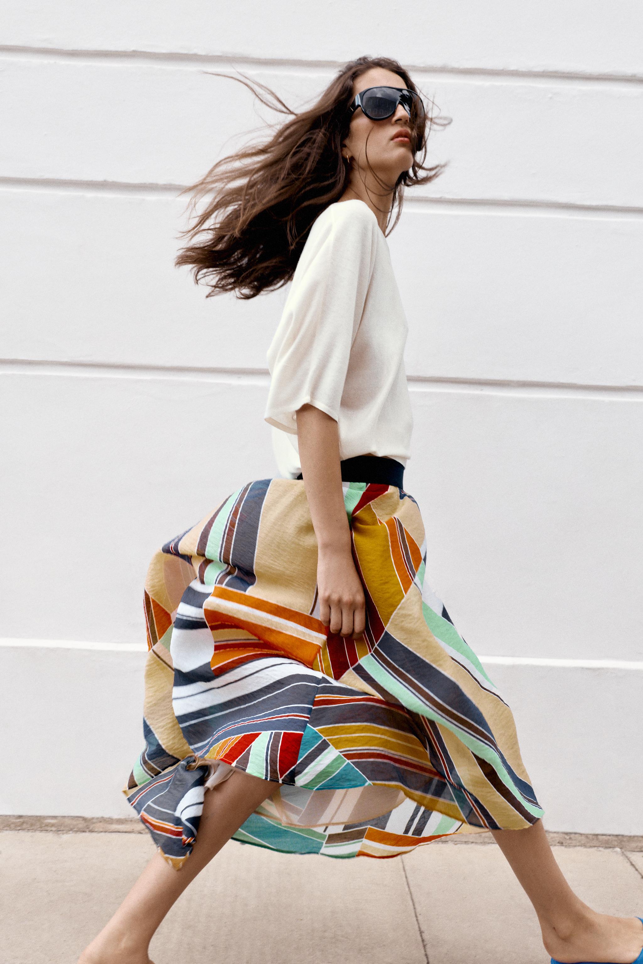 ASYMMETRIC PRINTED MIDI SKIRT — Multicolored