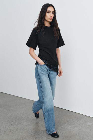 HEAVY COTTON LACE T-SHIRT - Black by Zara