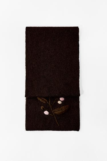KNIT SCARF WITH FLORAL EMBROIDERY - Brown by Zara