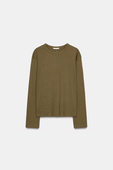 Zara RIB KNIT LONG SLEEVE T-SHIRT - Olive green