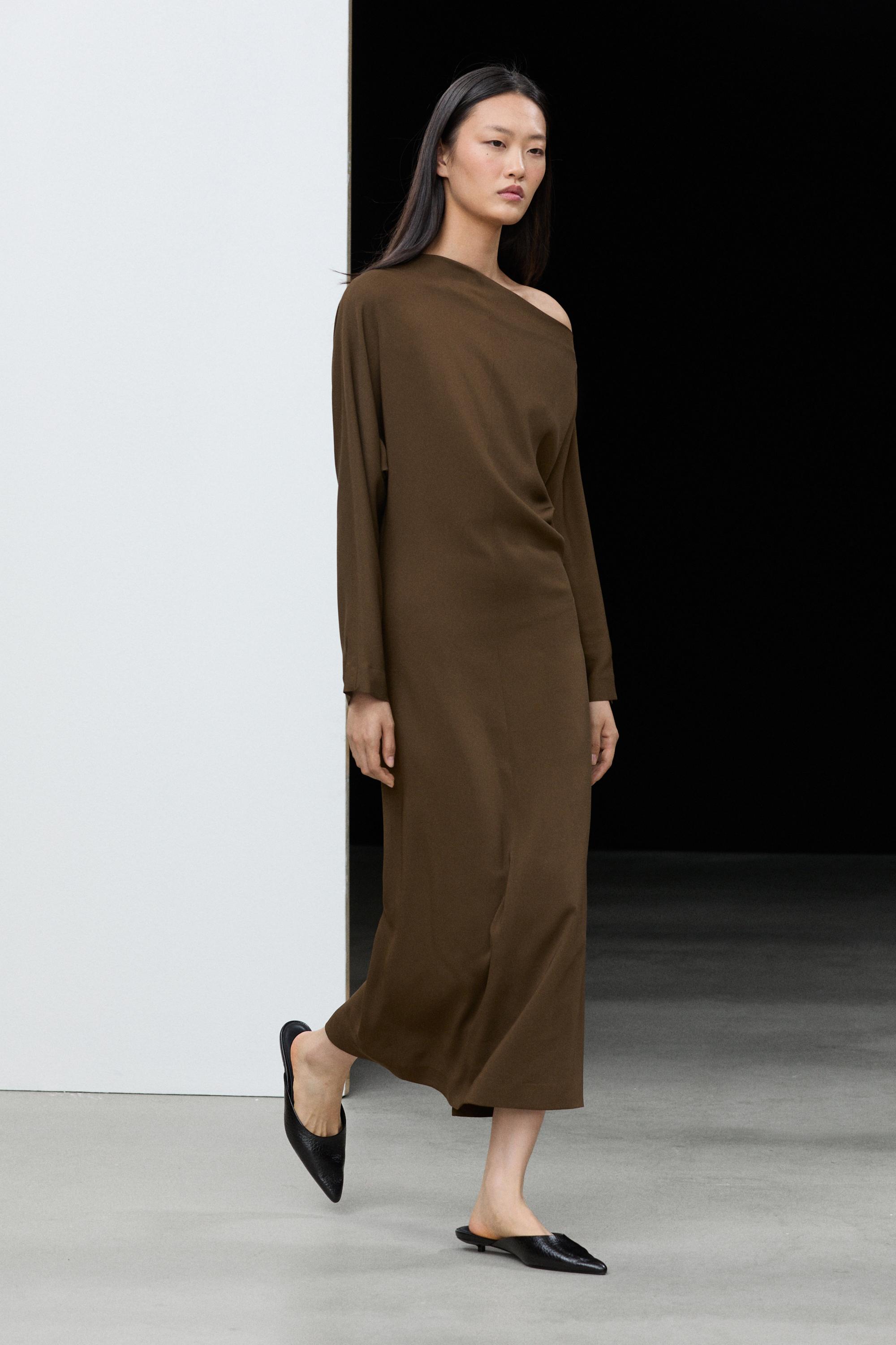 Fluid midi dress with asymmetrical neckline