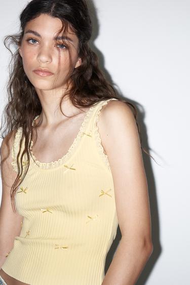 RIBBED TOP WITH LACE AND TIE DETAIL - Yellow by Zara