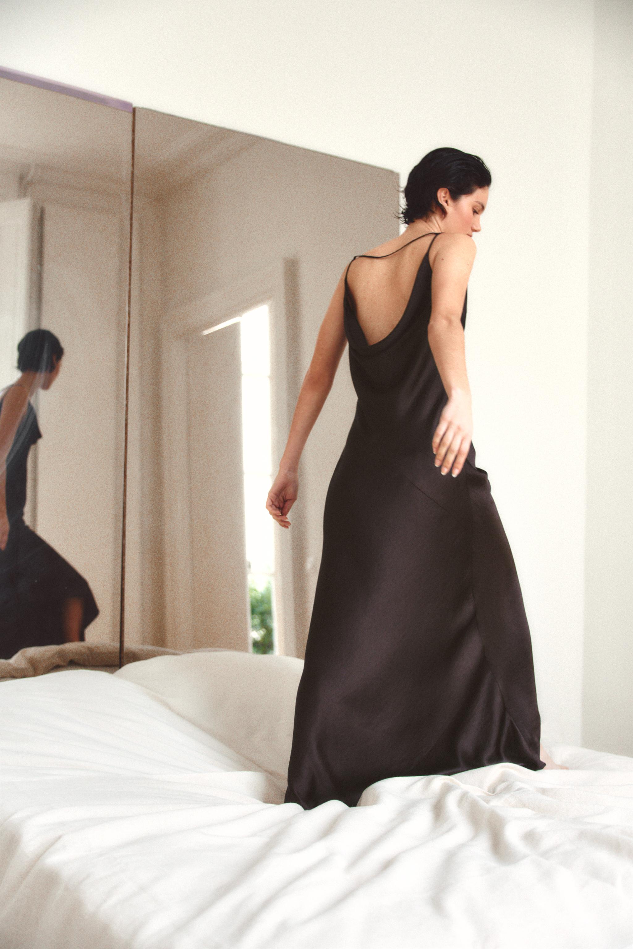 DRAPED NECK SATIN DRESS