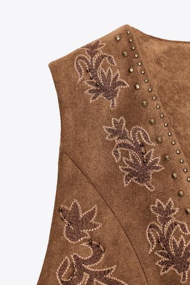 GILET EFFET DAIM BRODÉ AVEC FANTAISIE - Marron tabac de Zara - Image 6