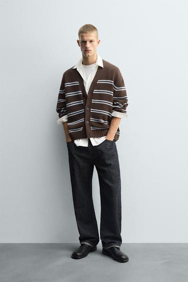 Zara STRIPED JACQUARD CARDIGAN - Brown
