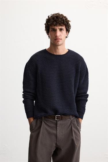 Zara STRUCTURED OPENWORK SWEATER - Navy blue