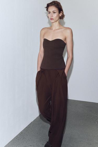 ZW COLLECTION FLOWING DARTED TROUSERS - Brown by Zara