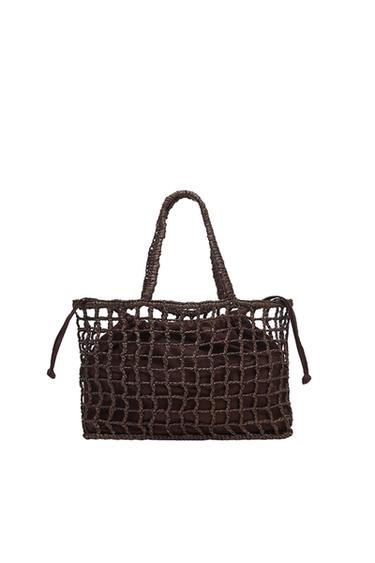 Dark brown mesh tote bag with top handles and an internal drawstring fabric pouch, on a white background.