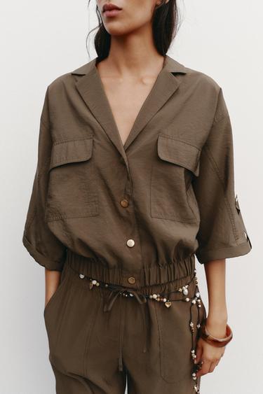 CAMISA SAFARI MANGA CORTA - Marrón de Zara