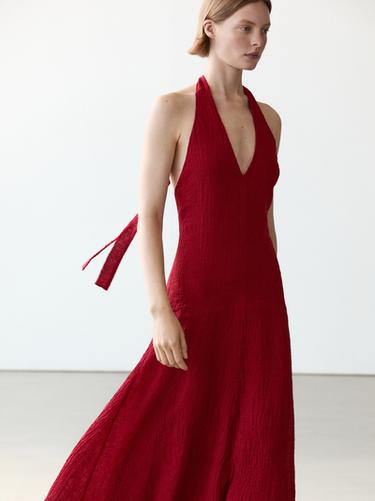 Zara Long 100% linen dress with neckline detail - Red