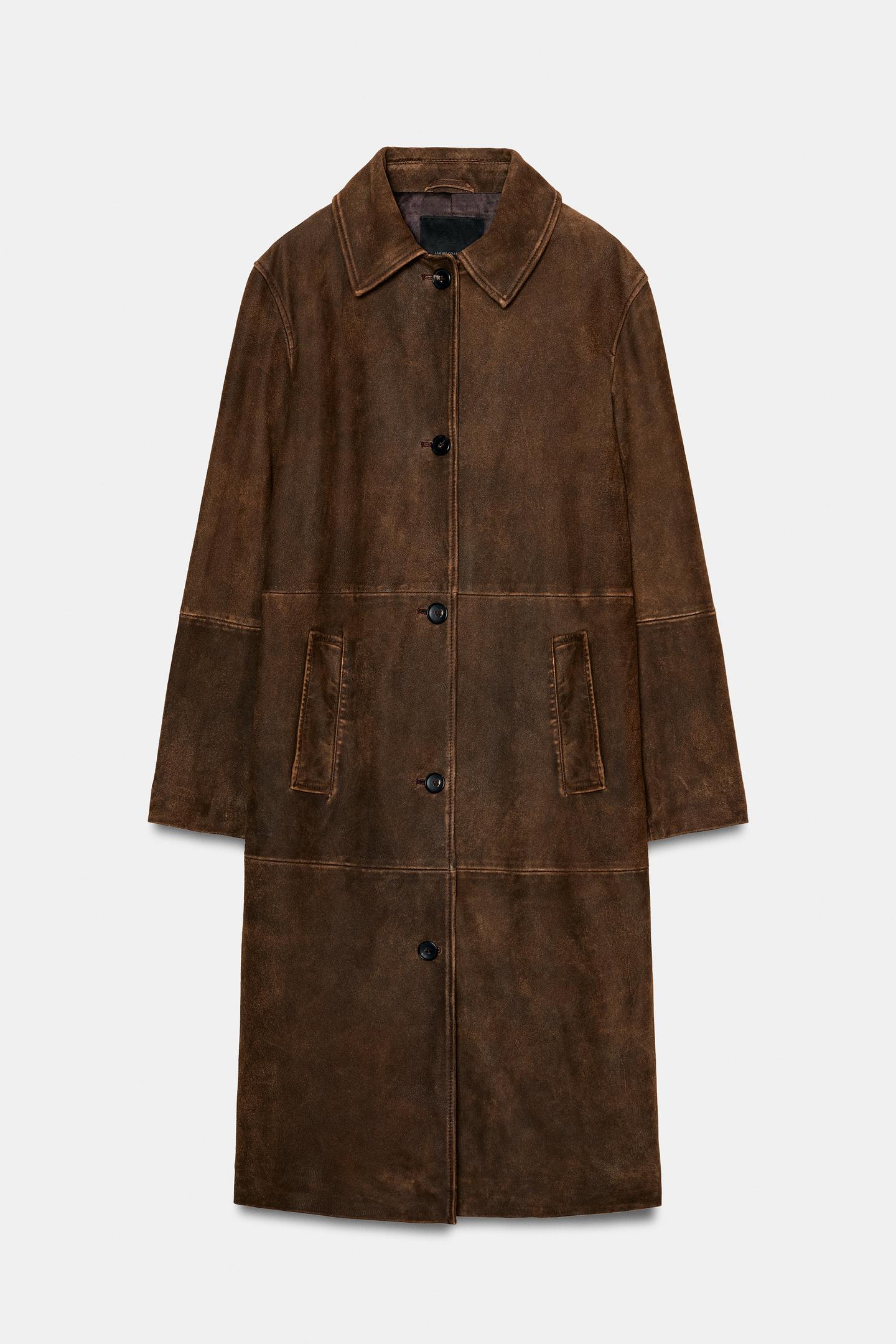 Женское пальто Zara ZW Collection 100% Leather Long, цвет: Коричневый — фото 5