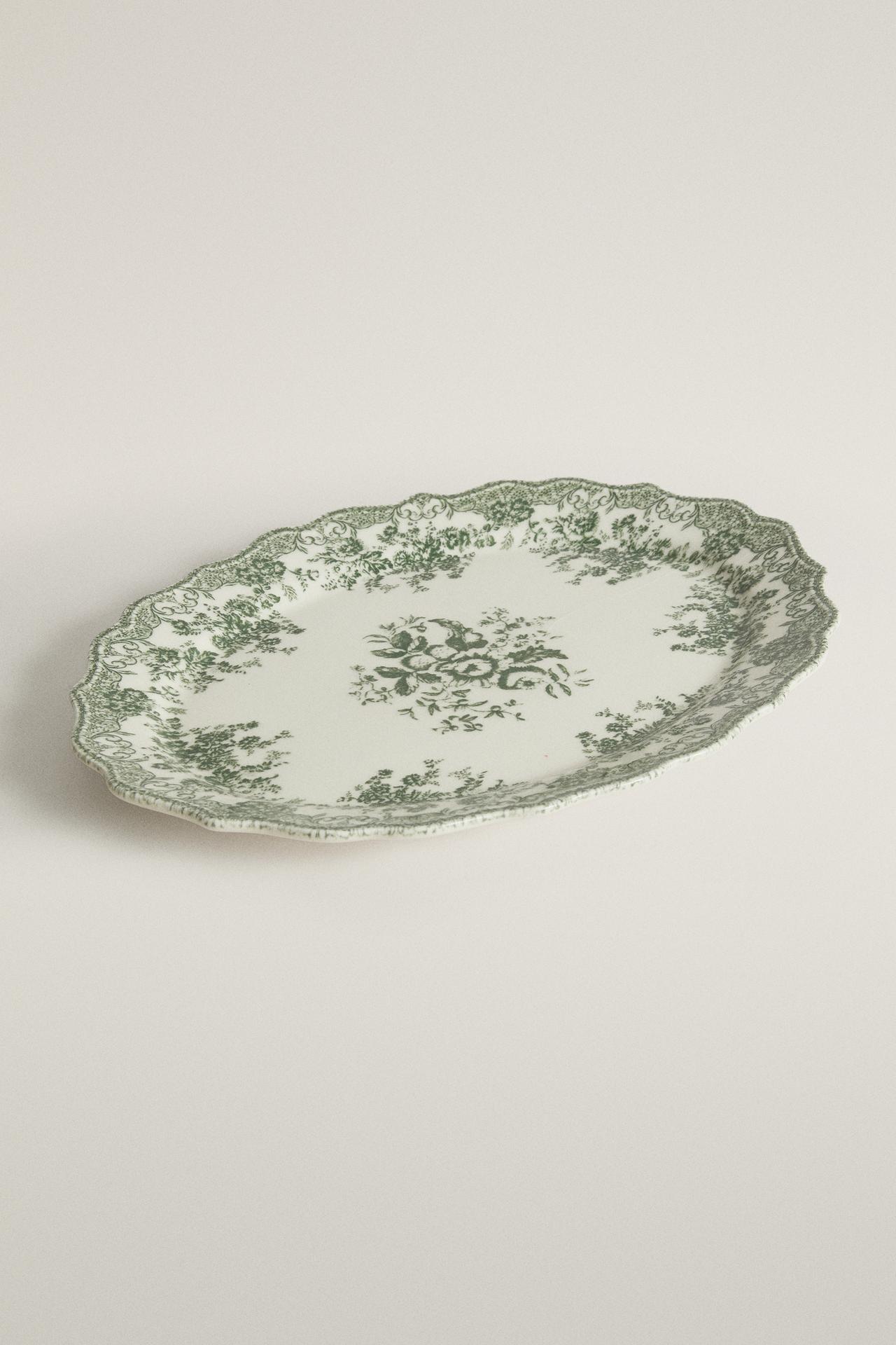 FLORAL EARTHENWARE SERVING DISH — Dark olive