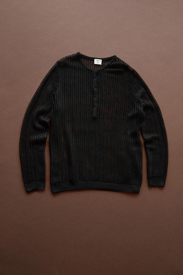 Cutwork knit button-up sweater - STUDIO — Black