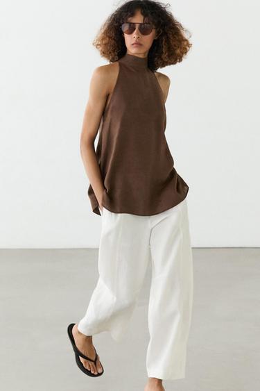 Pantalón barrel fit lino - Blanco roto de Zara