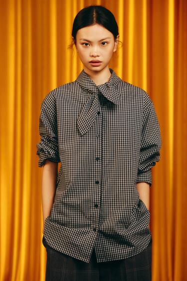 Zara 方格口袋巾府綢襯衫 - 黑色 / 白色