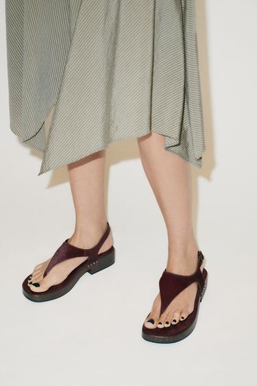 LEATHER STUDDED SANDALS - Burgundy Red by Zara - Image 1