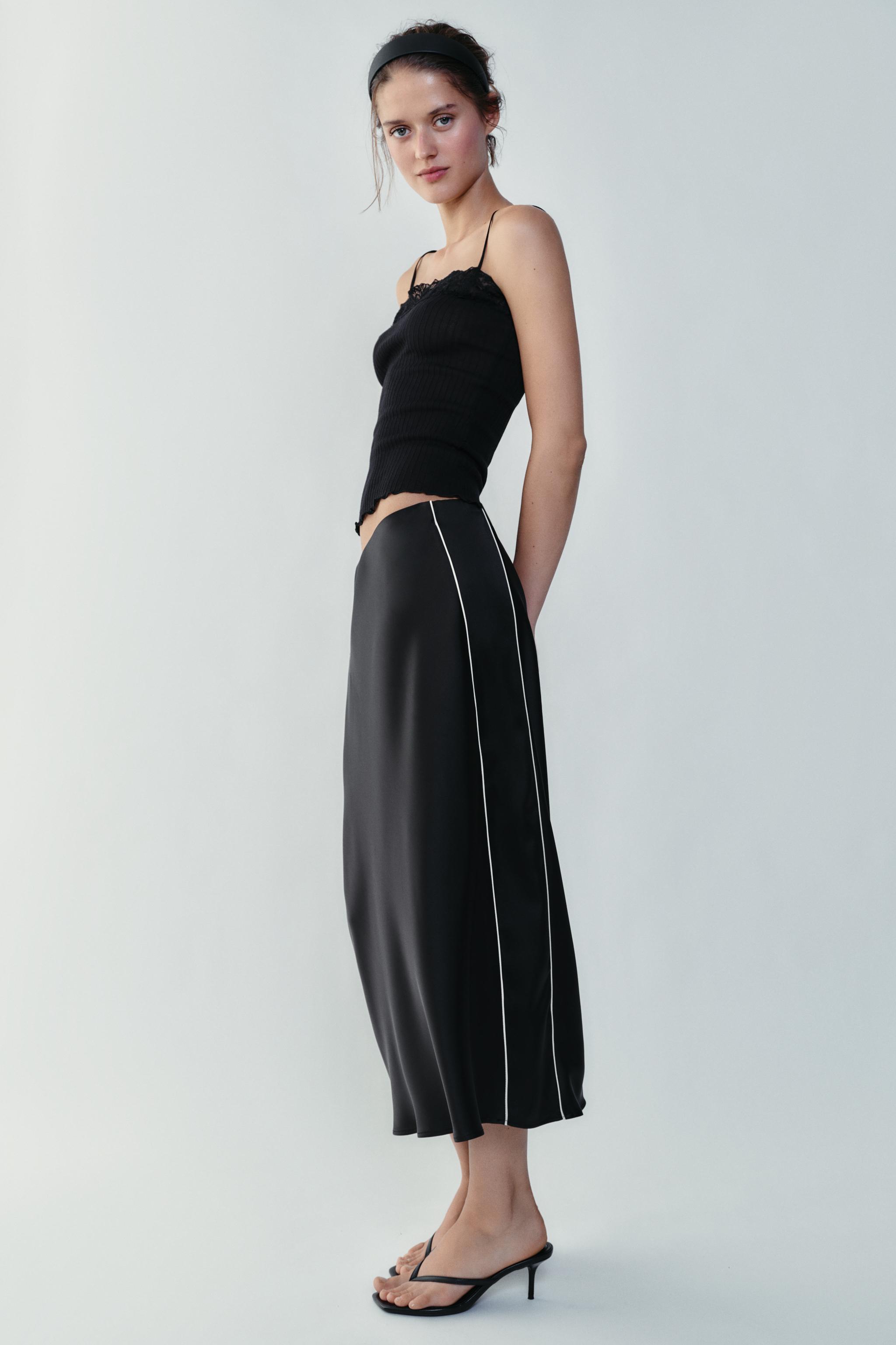 CONTRAST PIPING SATIN MIDI SKIRT — Black