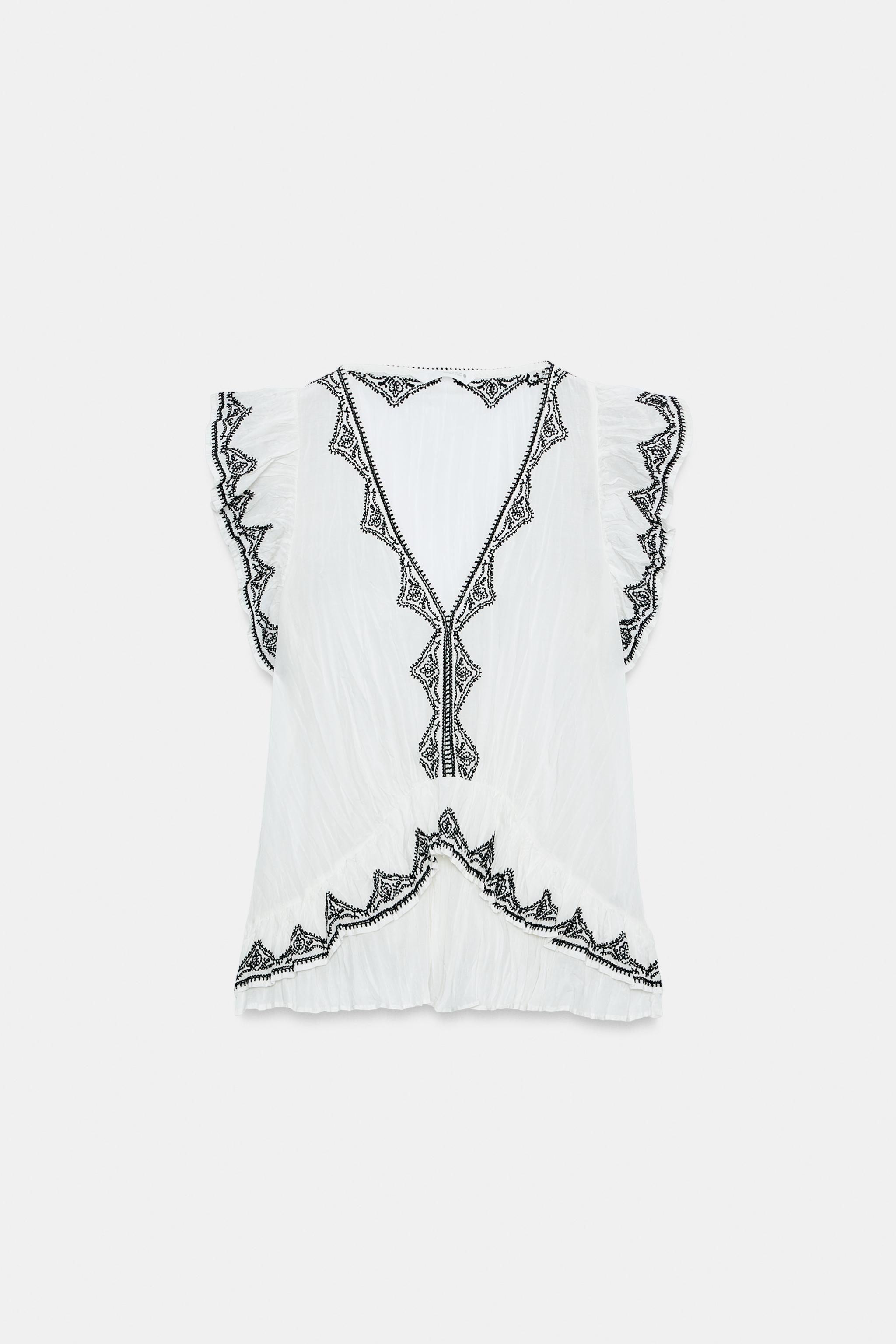 ZW COLLECTION CONTRAST EMBROIDERED TOP - Black / White | ZARA