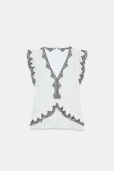 TOP BRODÉ EN CONTRASTE ZW COLLECTION - Blanc / Noir de Zara - Image 5