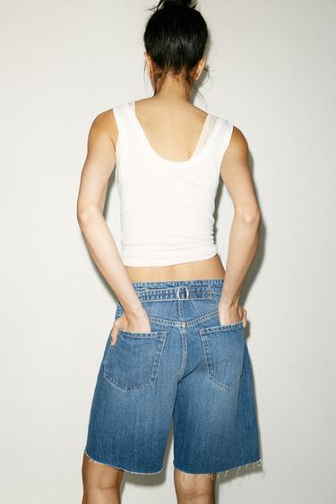 TRF MID-WAIST BELT LOOP DENIM BERMUDA SHORTS - Navy blue by Zara - Image 4