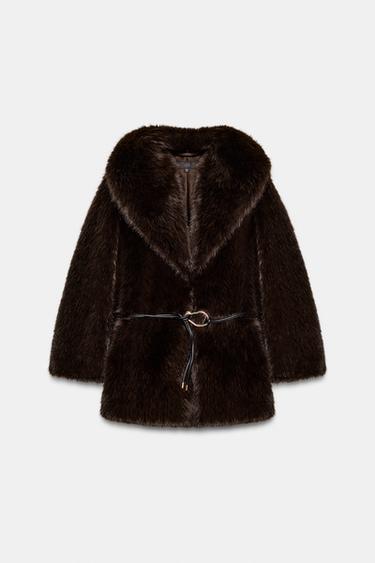 FAUX FUR BELTED COAT - Brown by Zara