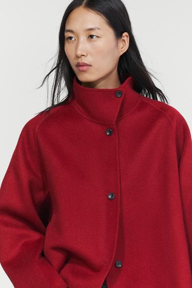 Short wool blend stand collar coat — Red 1
