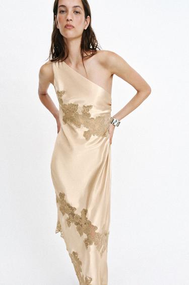 Zara ASYMMETRIC LINGERIE STYLE DRESS - Soft gold