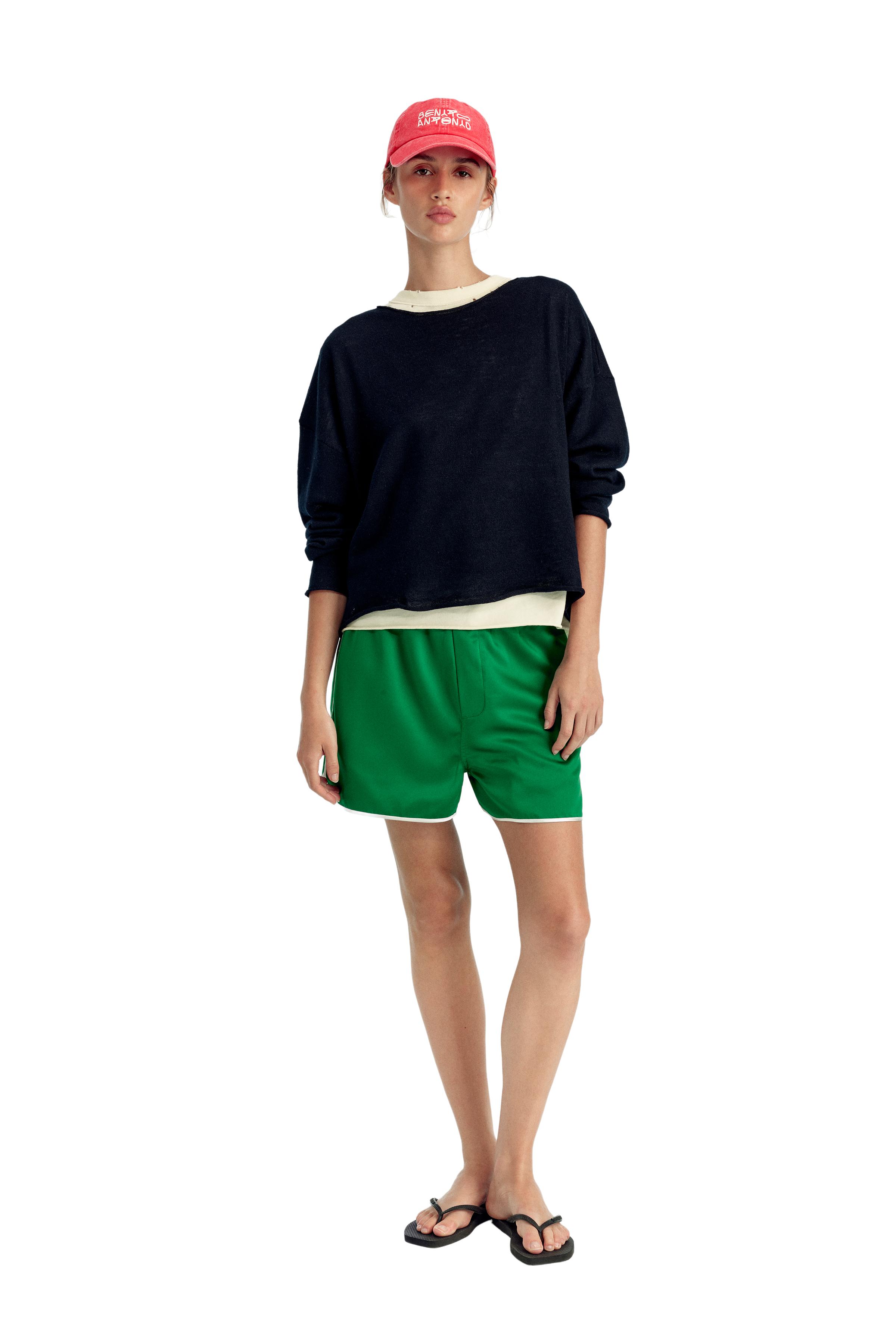 CROPPED FIT LINEN-WOOL BLEND SWEATER — Navy blue
