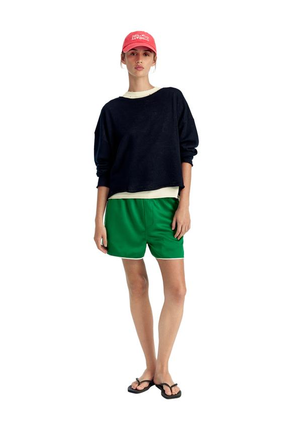Zara CROPPED FIT LINEN-WOOL BLEND SWEATER - Navy blue - Image 0