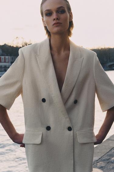 Zara 短袖亞麻西裝外套 ZW COLLECTION - 裸色