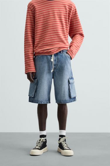 Zara CARGO DENIM SHORTS - Mid-blue